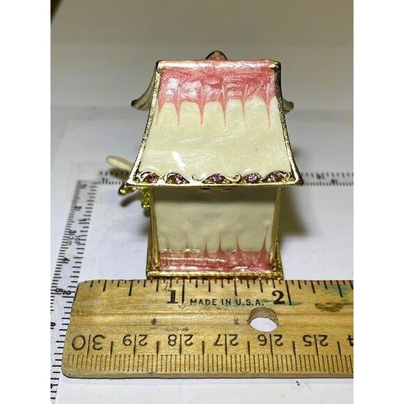 Bird House, Trinket Box, Collectible, White /Pink Enamel Gold tone Accents - Picture 4 of 7
